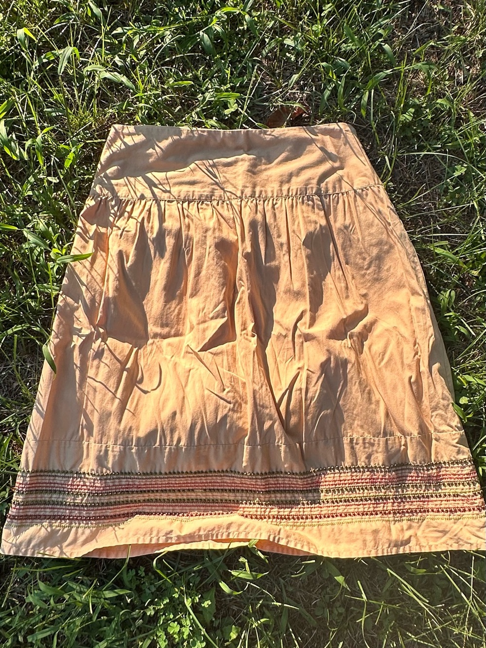 Y2K Beaded Mid Rise Women’s Khaki Embroidered Midi Cotton Skirt with Lining
